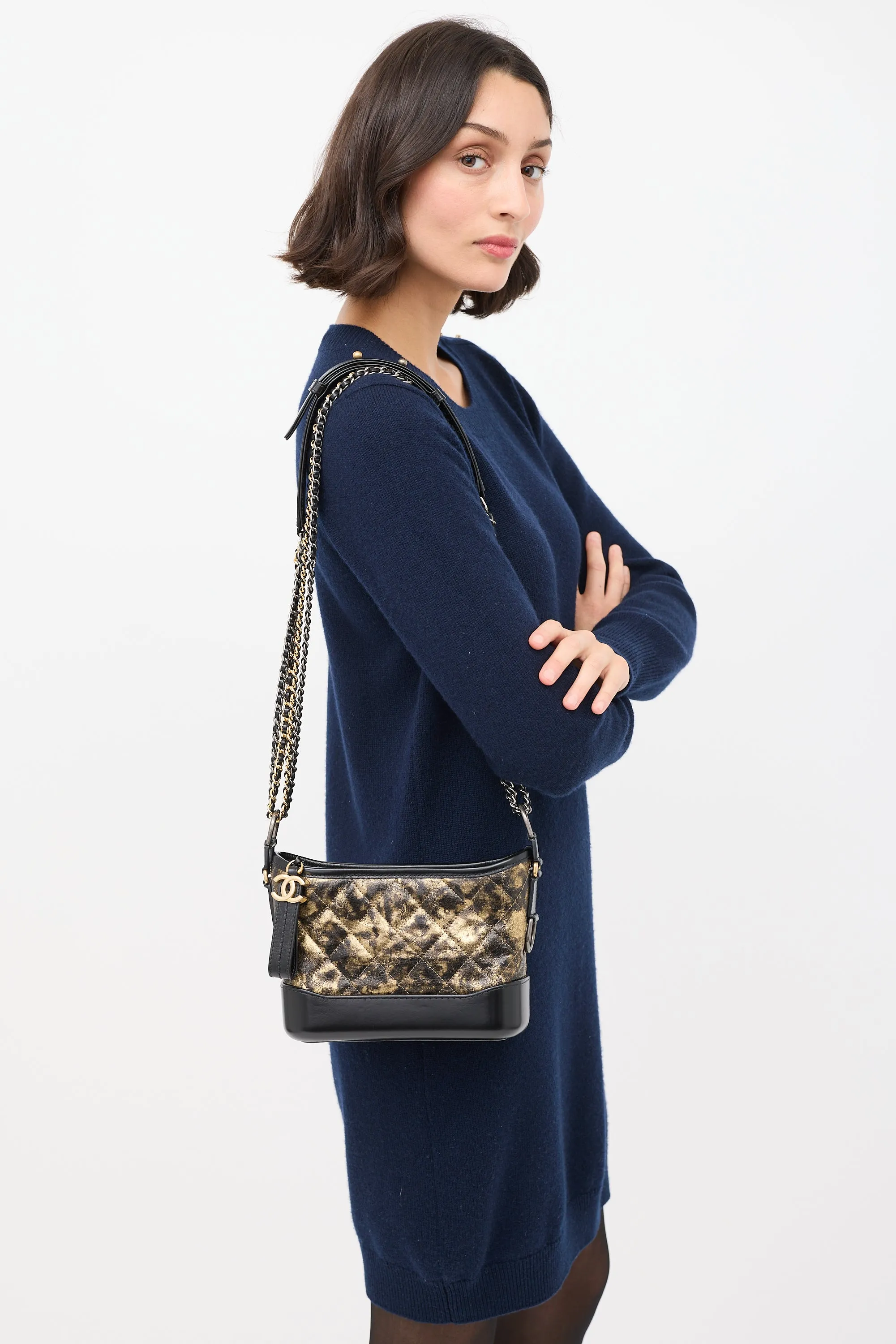 2018 Black & Gold Quilted Leather Small Gabrielle Hobo Bag