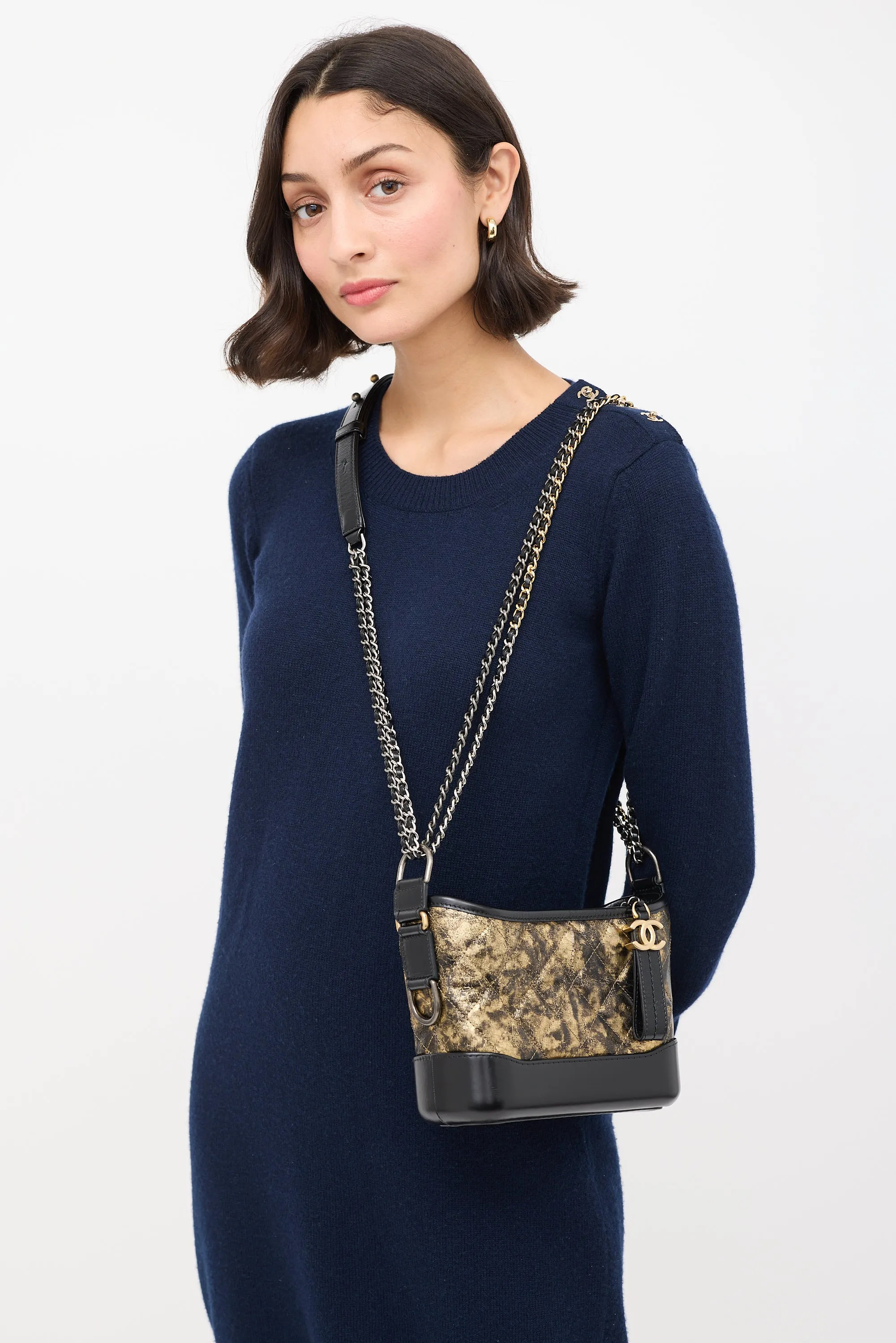 2018 Black & Gold Quilted Leather Small Gabrielle Hobo Bag