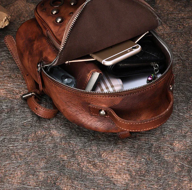 Best Vintage Rivet Black Gray Leather Rucksack Bag Womens Small School Backpacks Leather Backpack Purse