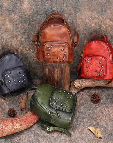 Best Vintage Rivet Black Gray Leather Rucksack Bag Womens Small School Backpacks Leather Backpack Purse