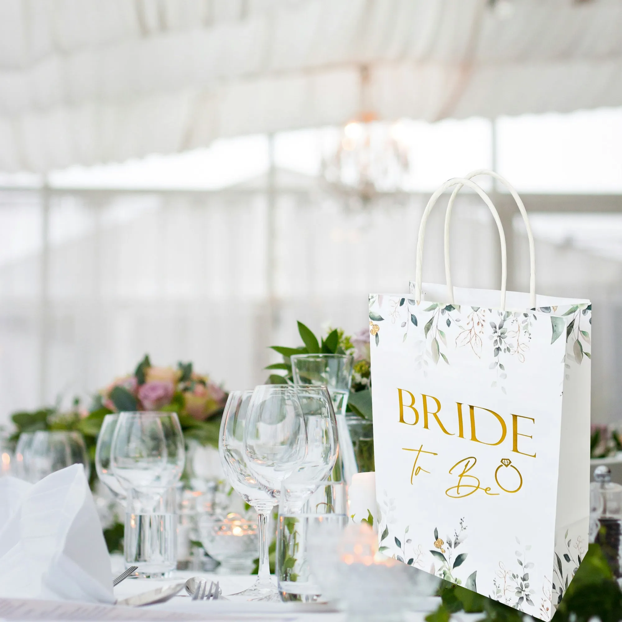 Bride to Be Paper Bag White Botanical with Gold Foil Text Hen Party Team Bride