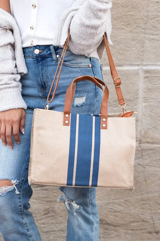 Casual Spacious Stripe Removable Strap Canvas Crossbody Bag Tote