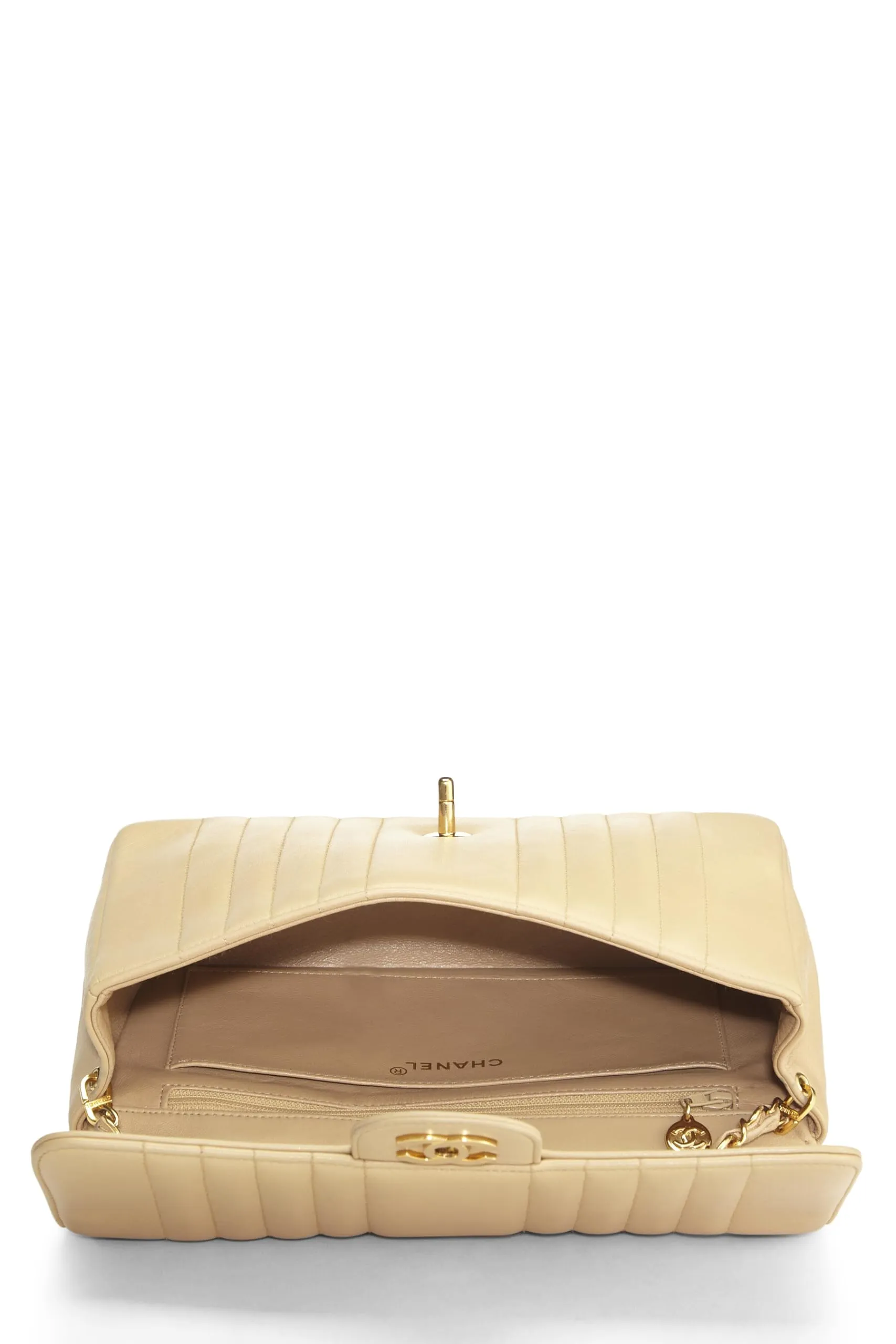 Chanel,  Beige Vertical Lambskin Half Flap Medium, Beige