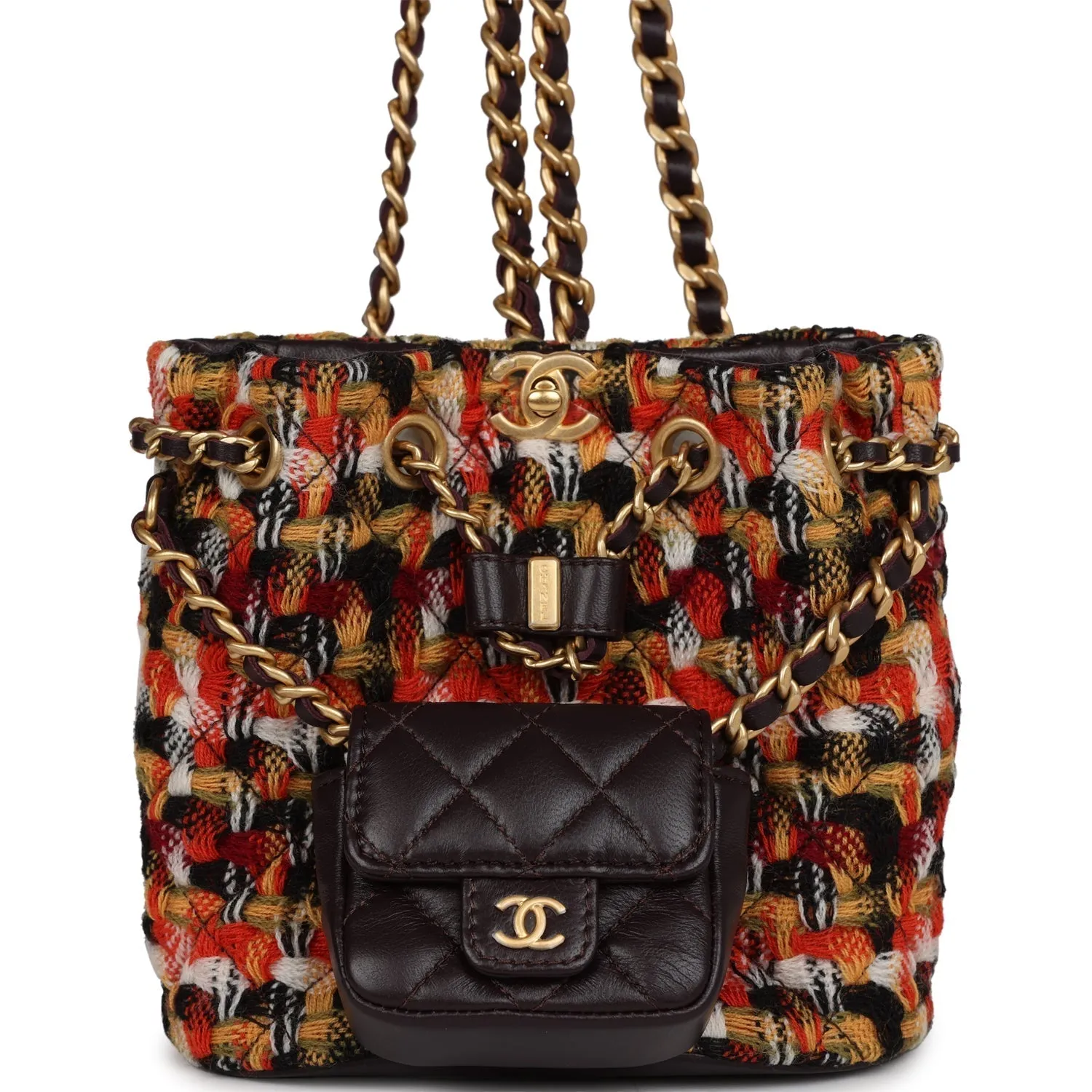 Chanel Small Drawstring Backpack Multicolored Tweed Antique Gold Hardware
