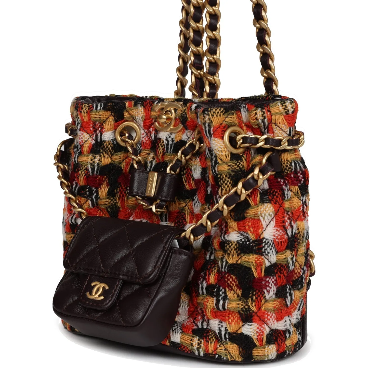 Chanel Small Drawstring Backpack Multicolored Tweed Antique Gold Hardware