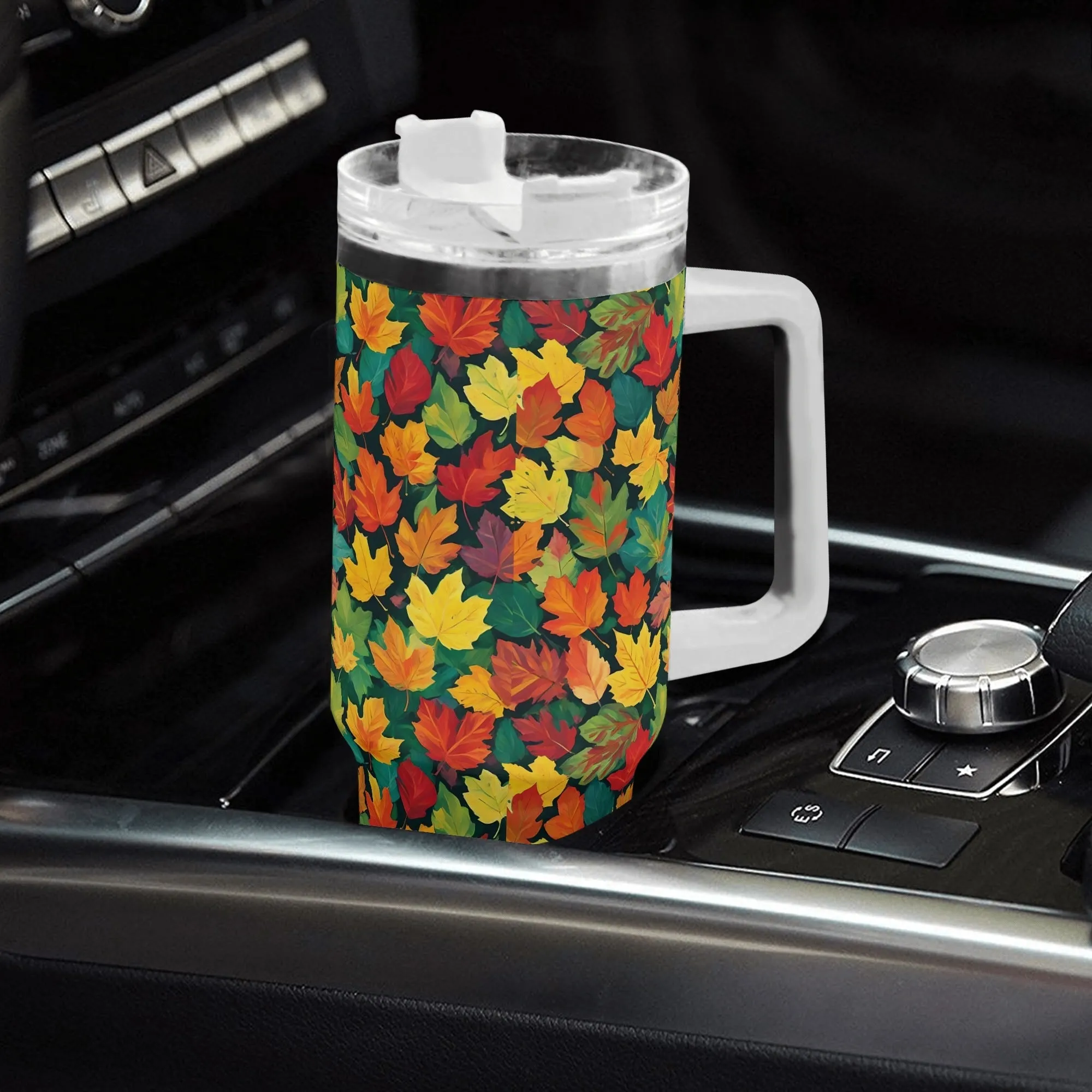 Colorful Leaves 40oz Stainless Steel Tumbler Gift With White Handle and Straw