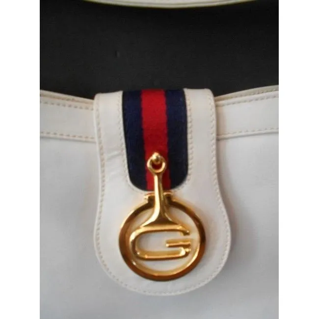 Gucci Vintage Pursesdesigner Purses White Leather With Red And Blue Striped Accent And Large Gold G