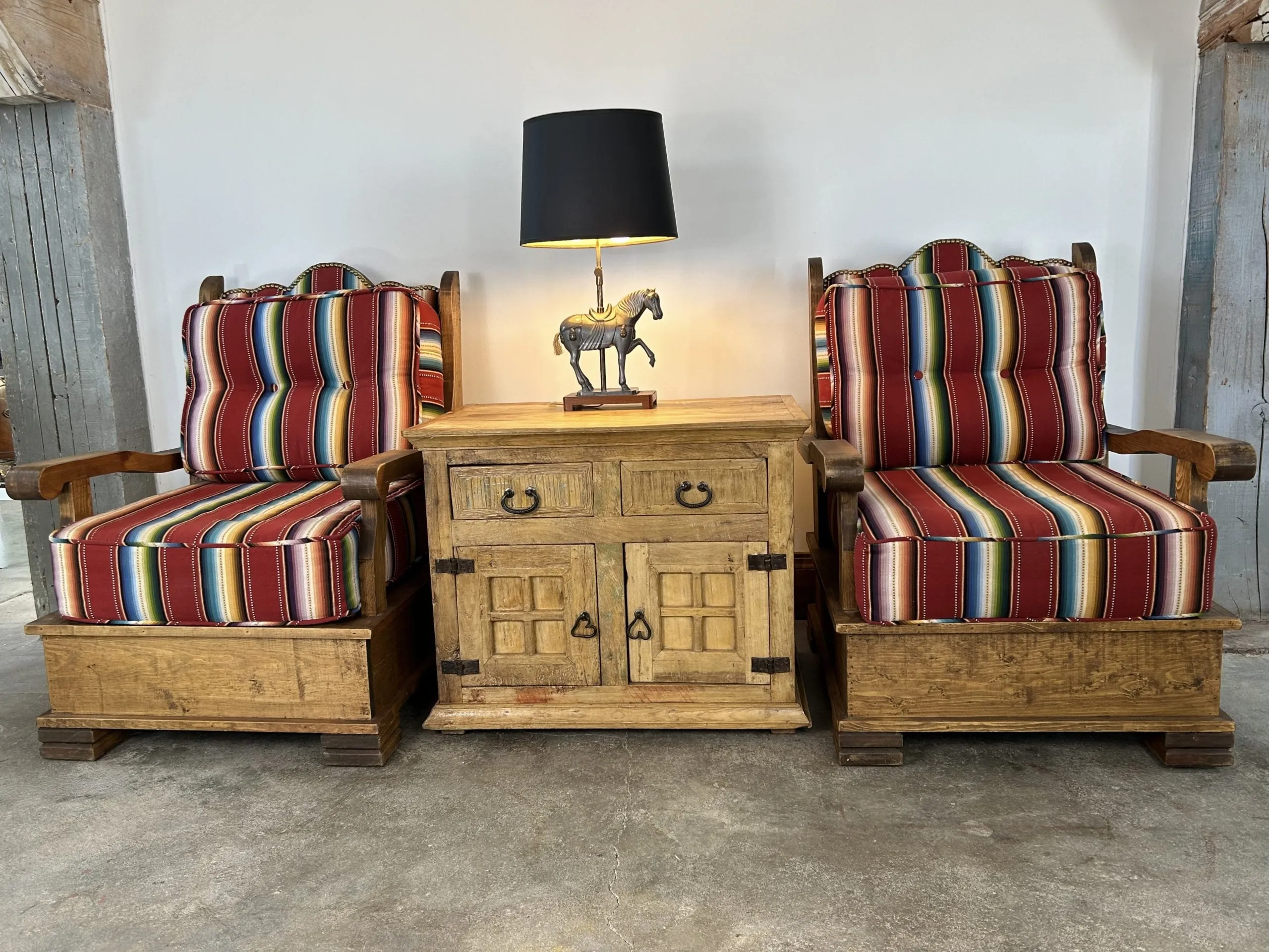 Pair of Cabin Chairs, Rustic in Style, Pine Frames, Upholstered Cushions
