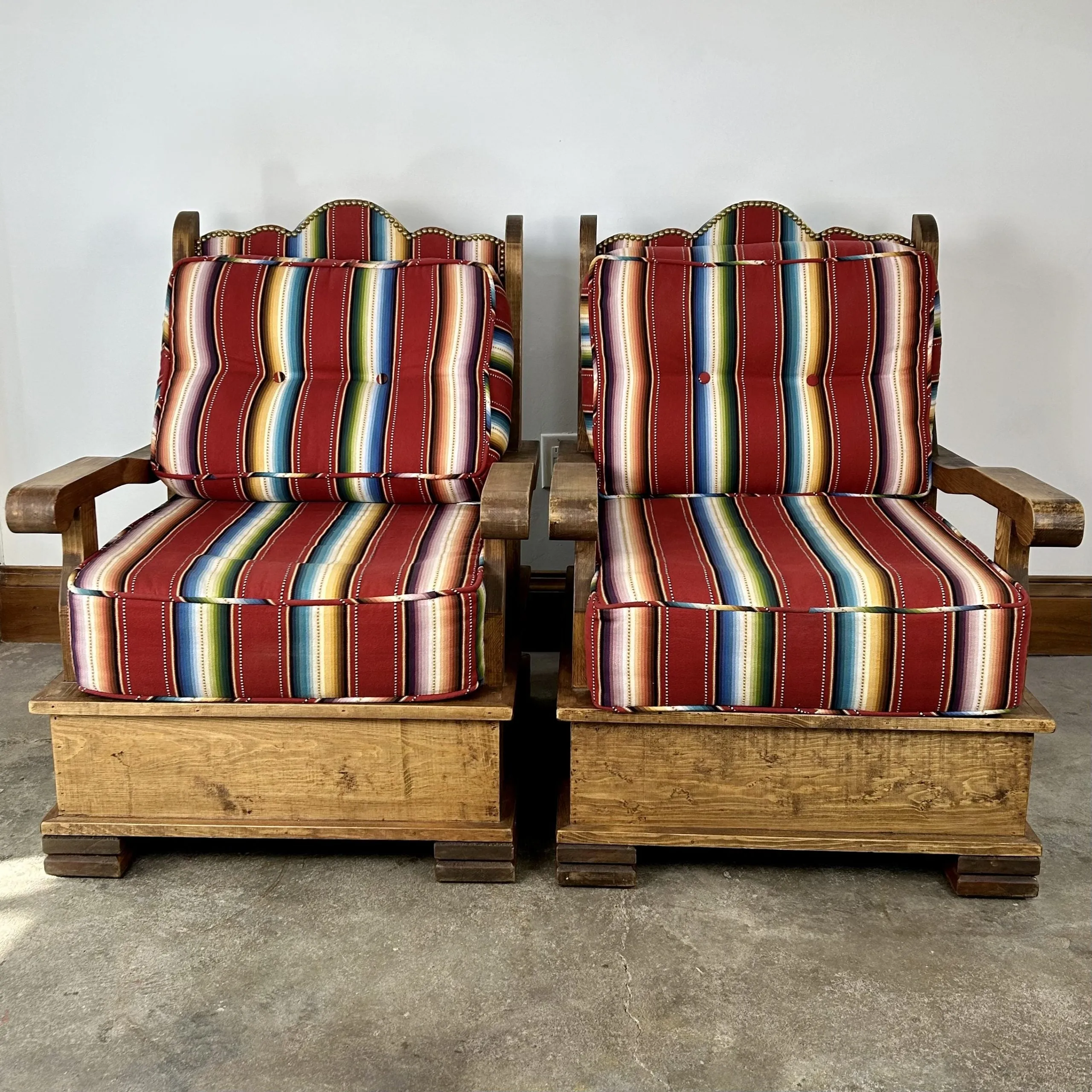 Pair of Cabin Chairs, Rustic in Style, Pine Frames, Upholstered Cushions