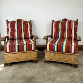 Pair of Cabin Chairs, Rustic in Style, Pine Frames, Upholstered Cushions