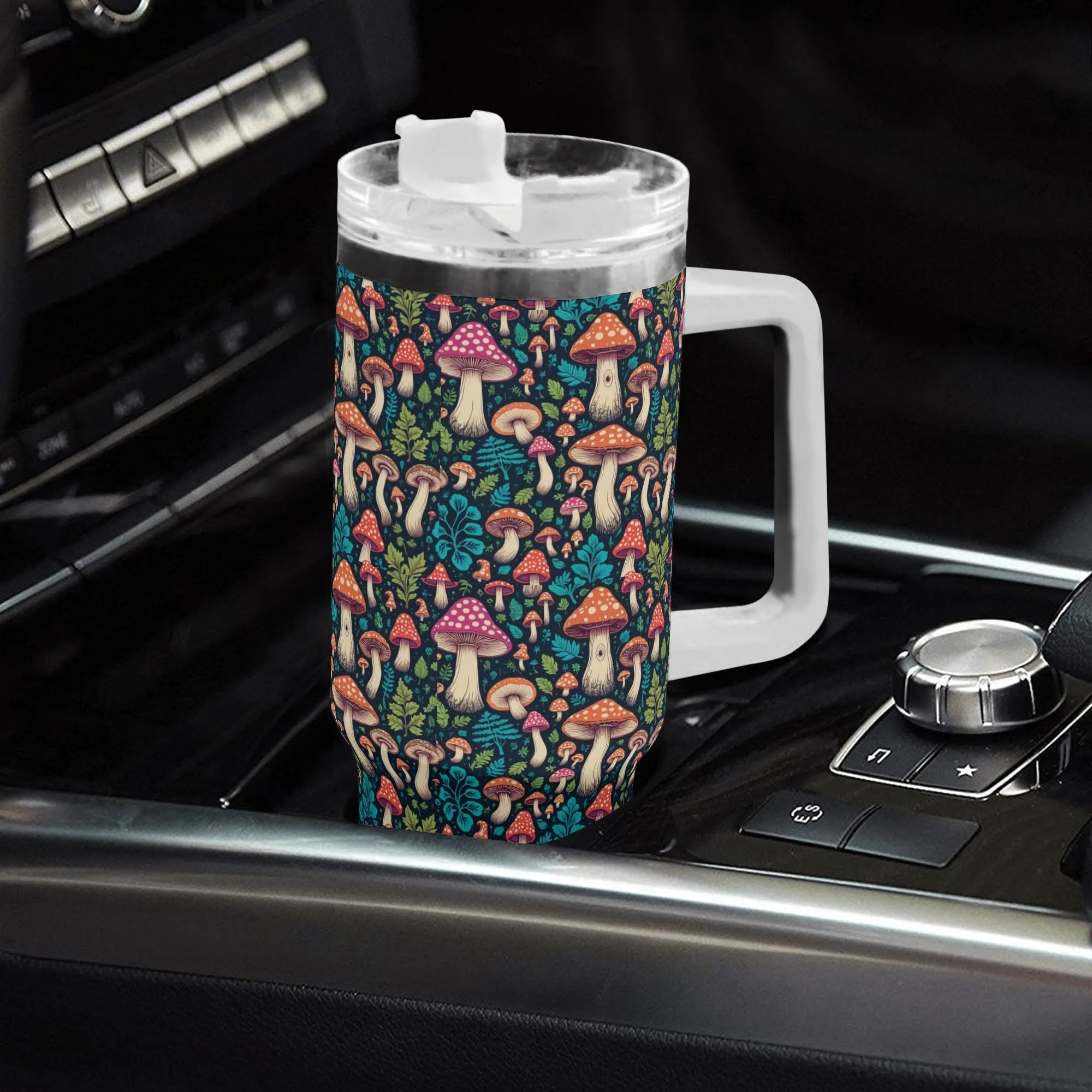 Shroomy 40oz Stainless Steel Tumbler Gift With White Handle and Straw