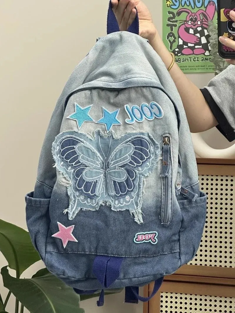 UAKISS  -  Y2k Bag 2024 New High-capacity Denim Blue Backpacks for Women Popular Five Star Canvas School Bag for Teenage Bolsa Mujer