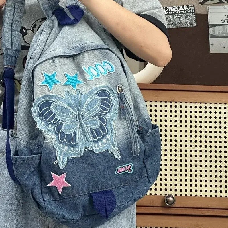 UAKISS  -  Y2k Bag 2024 New High-capacity Denim Blue Backpacks for Women Popular Five Star Canvas School Bag for Teenage Bolsa Mujer