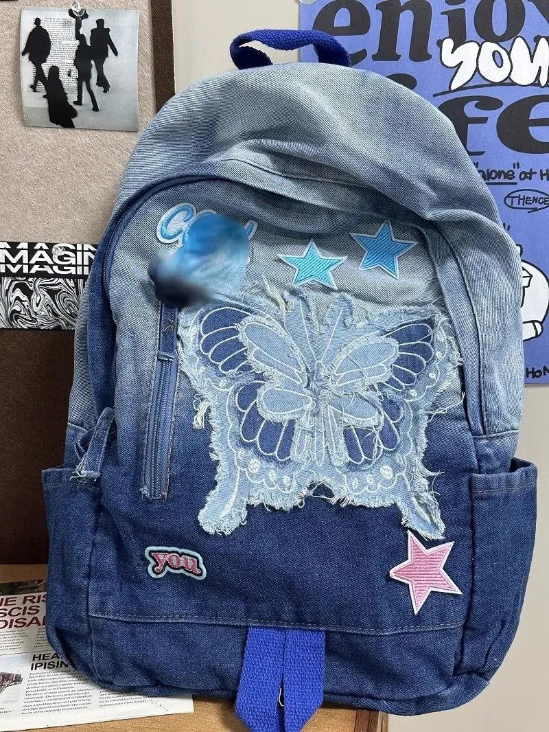 UAKISS  -  Y2k Bag 2024 New High-capacity Denim Blue Backpacks for Women Popular Five Star Canvas School Bag for Teenage Bolsa Mujer