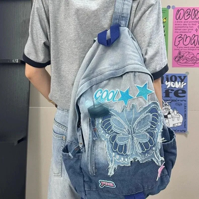 UAKISS  -  Y2k Bag 2024 New High-capacity Denim Blue Backpacks for Women Popular Five Star Canvas School Bag for Teenage Bolsa Mujer